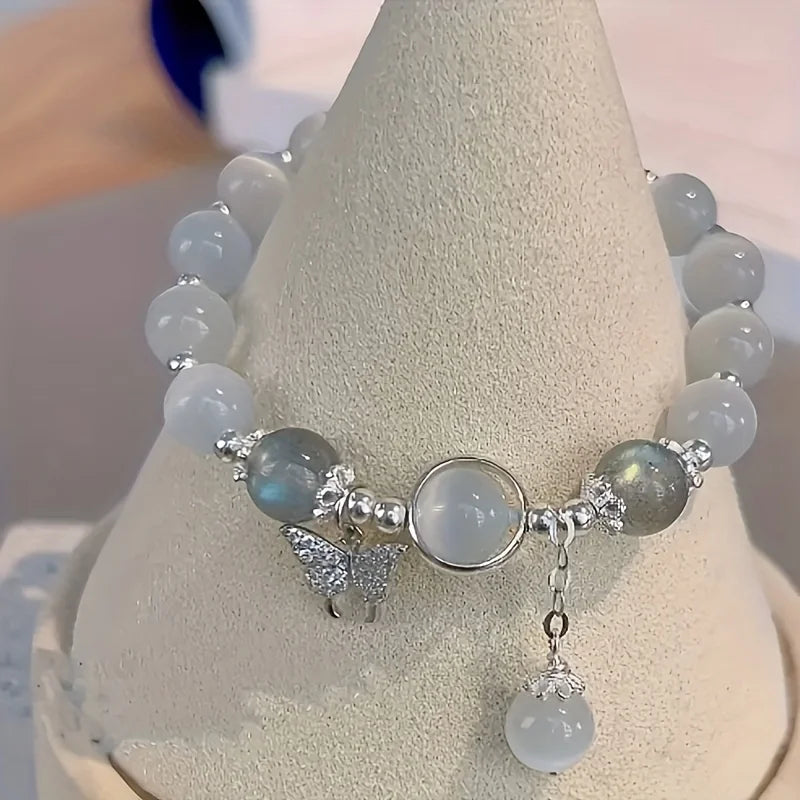 Blue Cat Eye Beaded Bracelet With Butterfly Charm