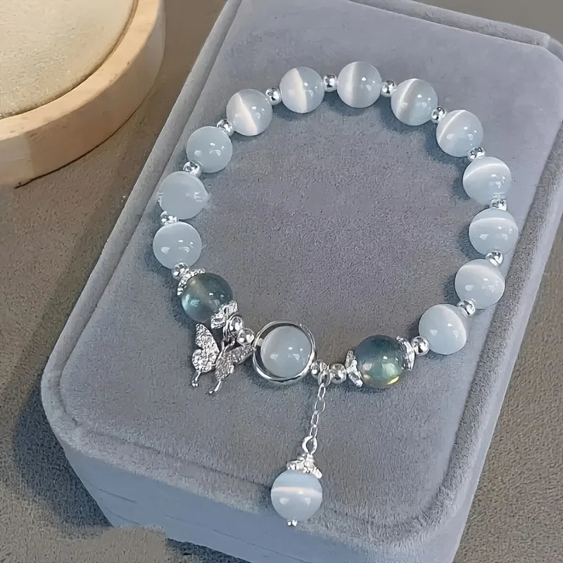 Blue Cat Eye Beaded Bracelet With Butterfly Charm